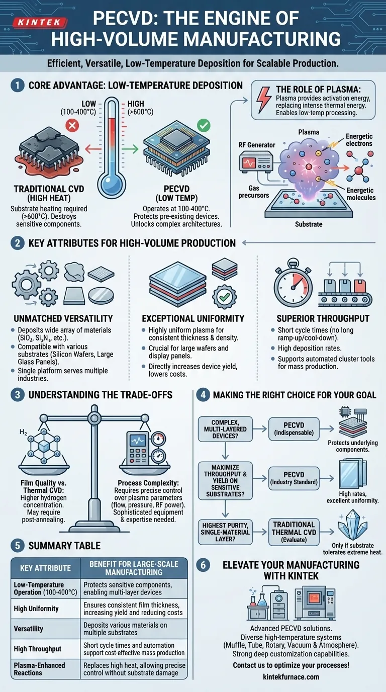Warum ist PECVD für die Großserienfertigung geeignet? Erschließen Sie eine Hochertrags-Niedertemperatur-Filmschichtabscheidung Visuelle Anleitung