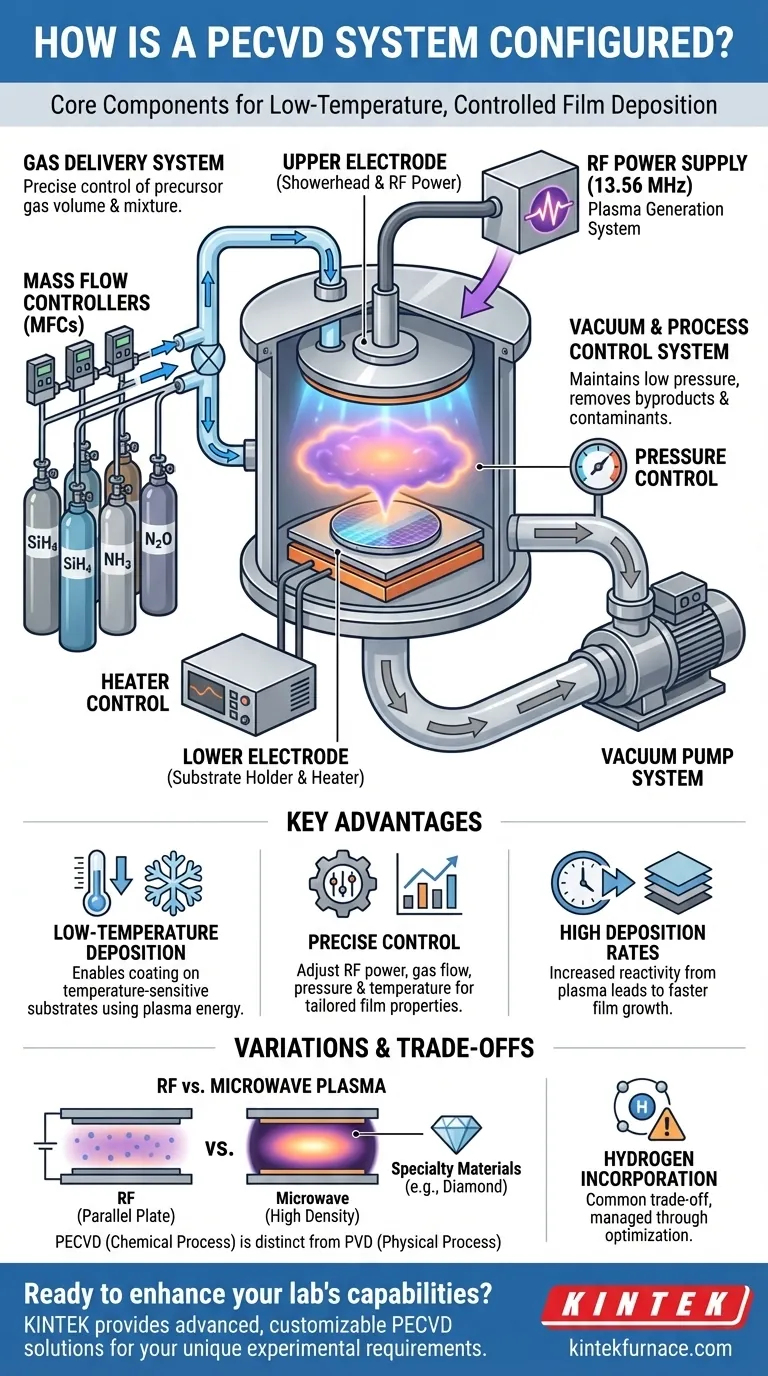 Come è configurato un sistema PECVD? Ottimizzate la deposizione di film a bassa temperatura per il vostro laboratorio Guida Visiva