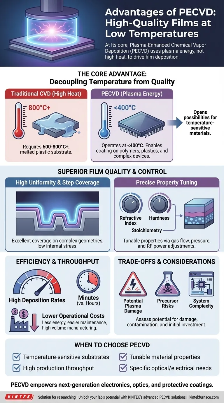 Was sind die Vorteile von PECVD bei der Filmabscheidung? Erzielen Sie Niedertemperatur-, hochwertige Beschichtungen Visuelle Anleitung
