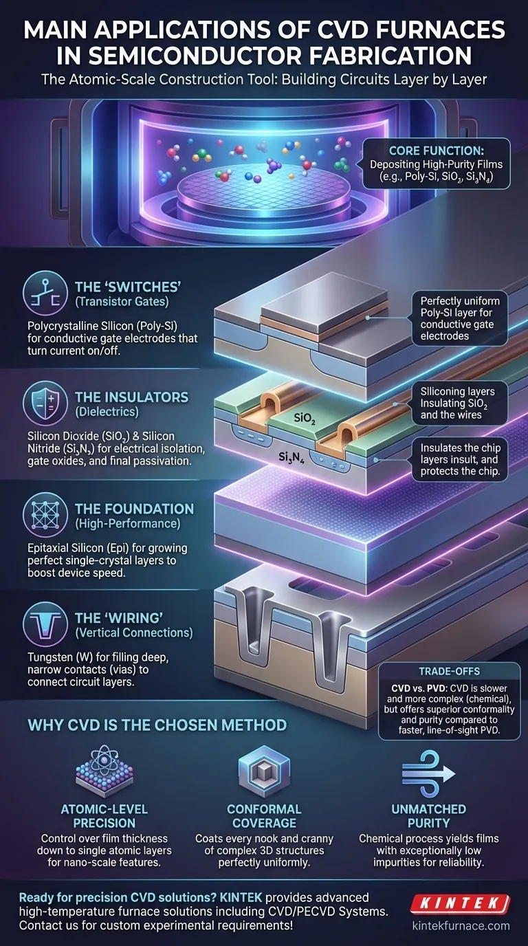 Quais são as principais aplicações dos fornos CVD na fabricação de semicondutores? Essencial para a Deposição de Filmes de Alta Pureza Guia Visual