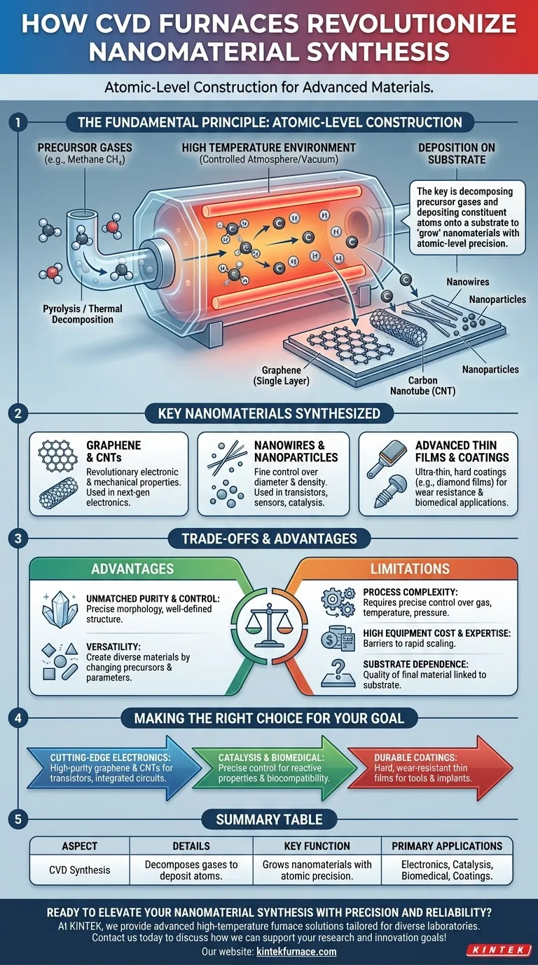 Come vengono utilizzati i forni CVD nella sintesi di nanomateriali? Sblocca materiali di elevata purezza per applicazioni avanzate Guida Visiva