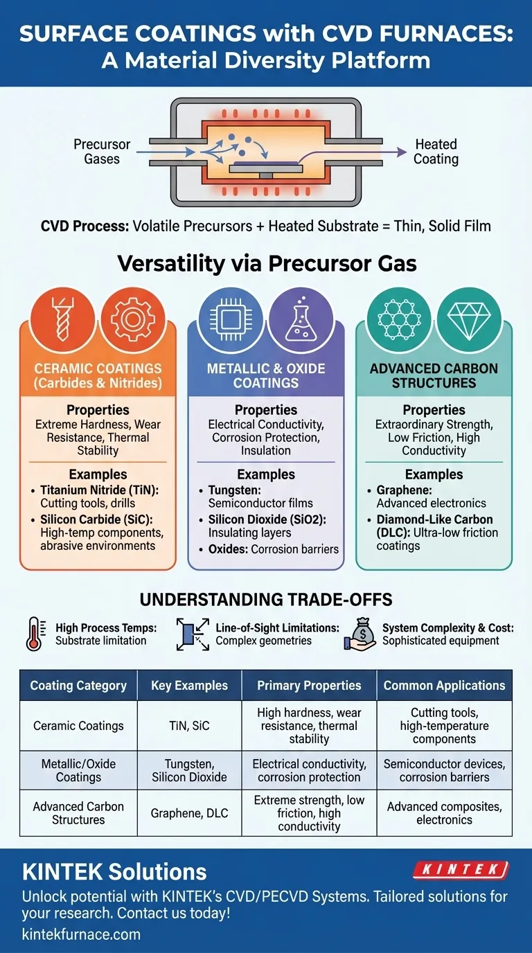 What types of surface coatings can be applied using CVD furnaces? Discover Versatile Solutions for Your Needs Visual Guide
