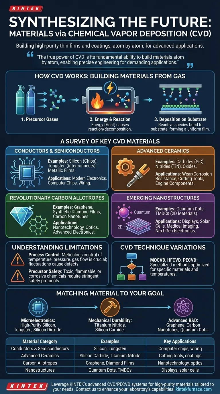 Que tipos de materiais podem ser sintetizados usando CVD? Desbloqueie Filmes de Alta Pureza para Eletrônica e Mais Guia Visual