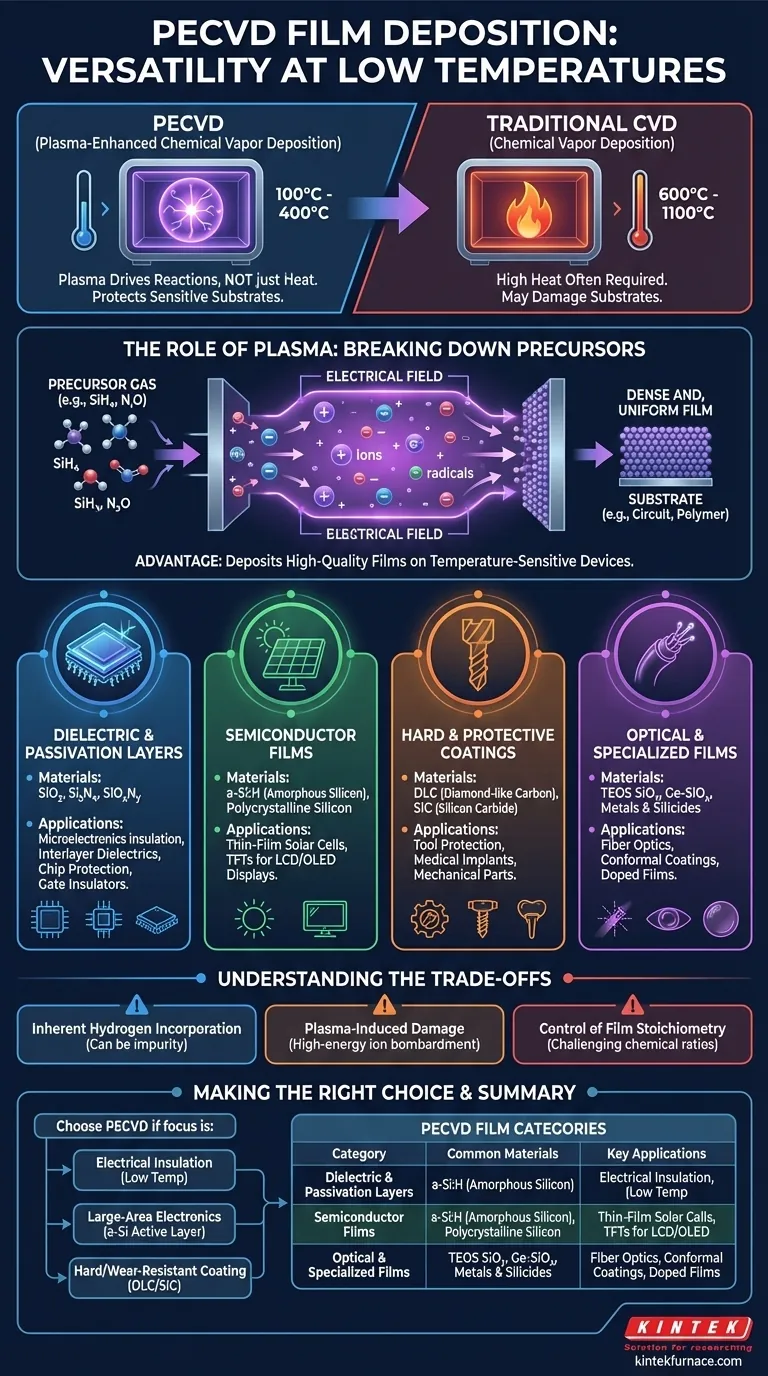 Que tipos de filmes podem ser depositados usando PECVD? Explore Filmes Finos Versáteis para Suas Aplicações Guia Visual