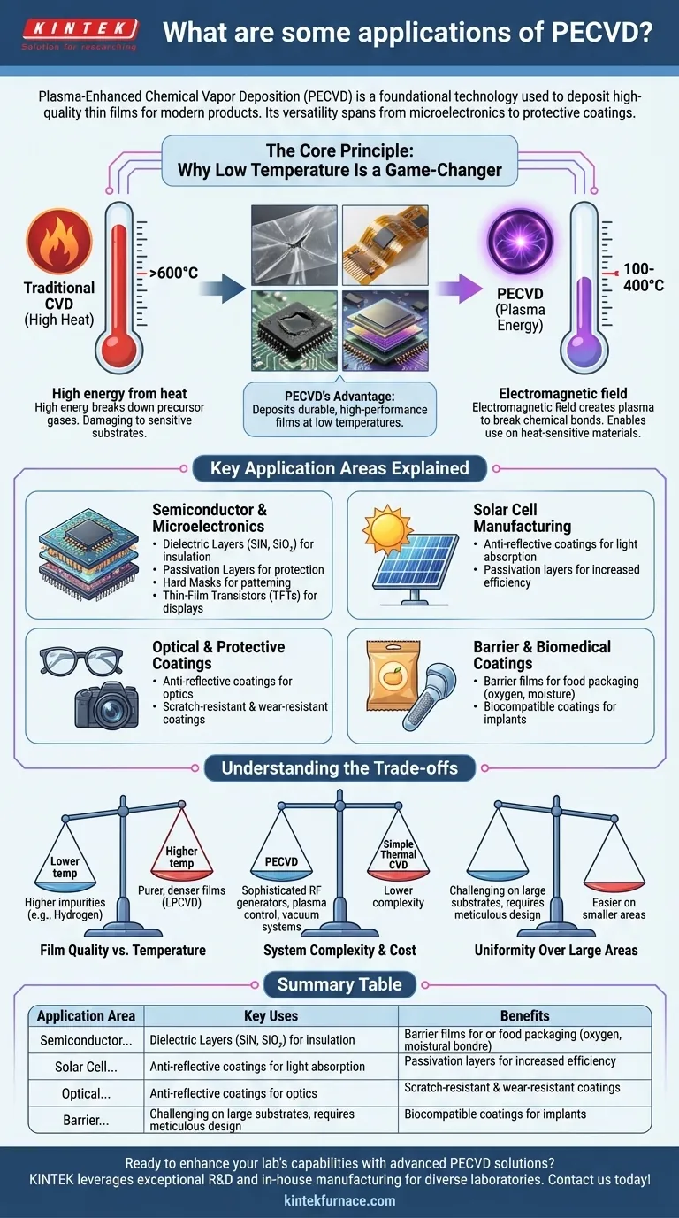 Quais são algumas aplicações do PECVD? Desbloqueie Soluções de Película Fina de Baixa Temperatura Guia Visual