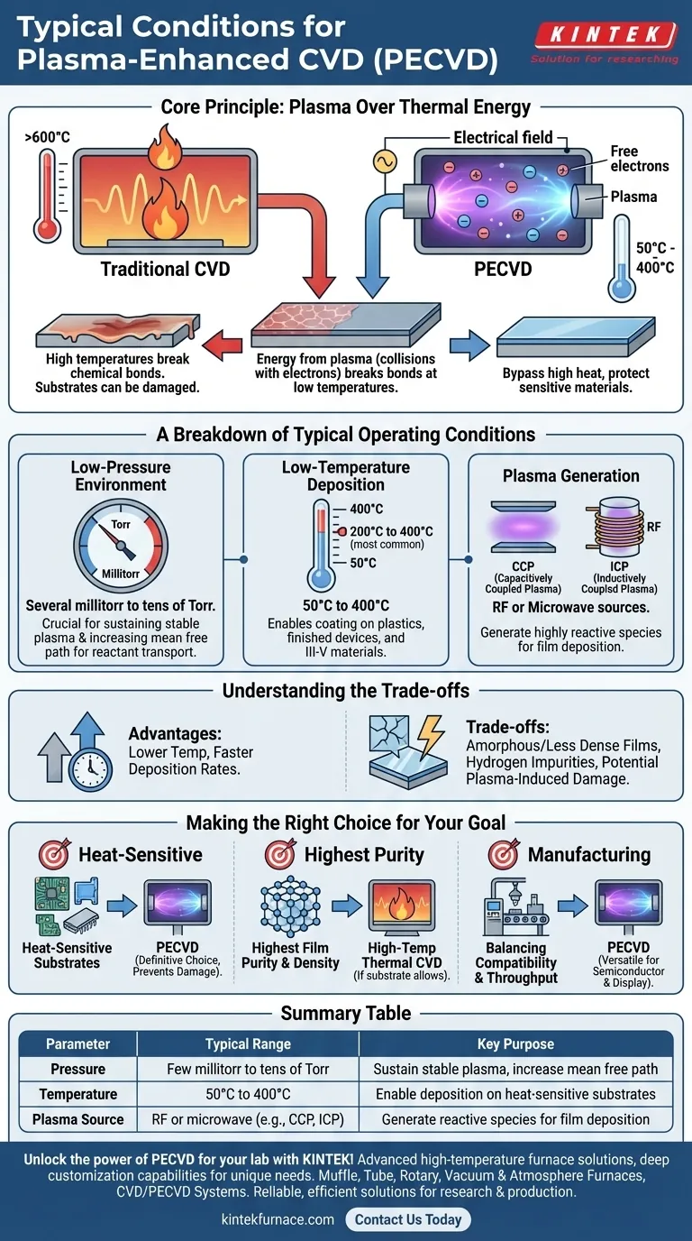 What are the typical conditions for plasma-enhanced CVD processes? Achieve Low-Temperature Thin Film Deposition Visual Guide