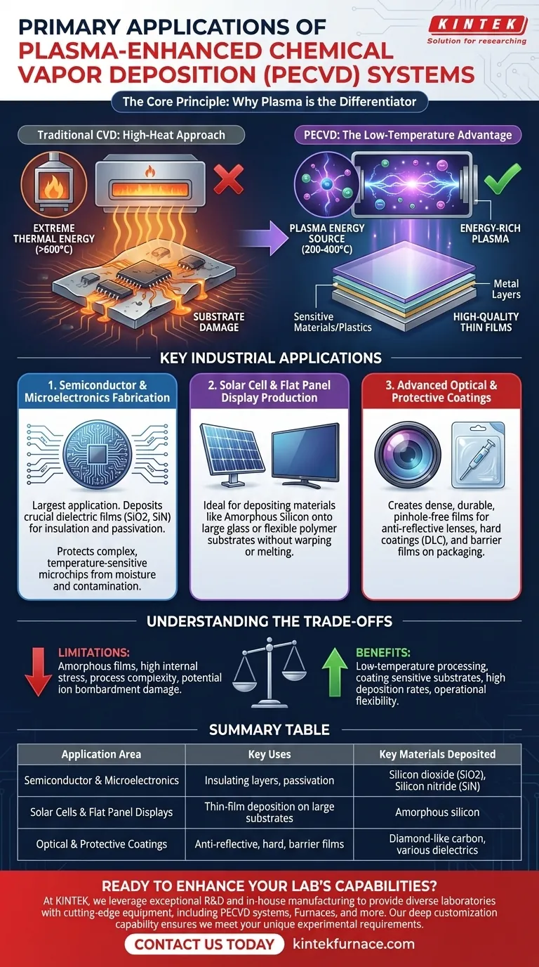 Was sind die Haupteinsatzgebiete von PECVD-Anlagen (Plasma-Enhanced Chemical Vapor Deposition)? Entriegeln Sie die Dünnschichtabscheidung bei niedrigen Temperaturen Visuelle Anleitung