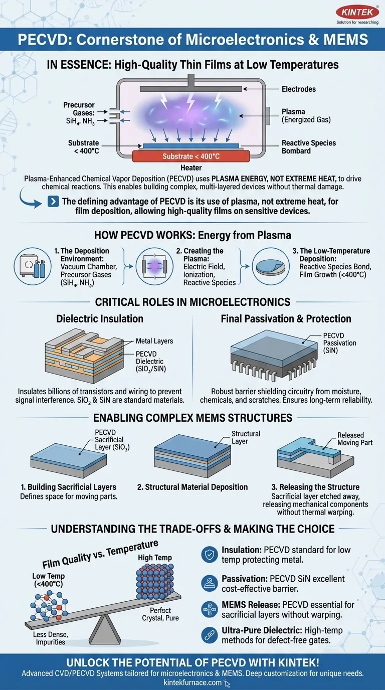 Wie trägt PECVD zu Mikroelektronik- und MEMS-Geräten bei? Ermöglichung der Niedertemperatur-Dünnschichtabscheidung Visuelle Anleitung