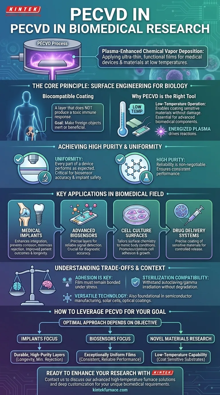 Comment le PECVD est-il appliqué dans la recherche biomédicale ? Découvrez l'ingénierie avancée des surfaces pour les dispositifs médicaux Guide Visuel