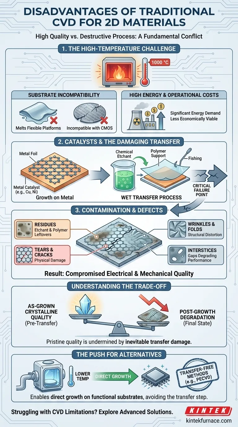 Quels sont les inconvénients du CVD traditionnel pour les matériaux 2D ? Surmonter les problèmes de haute température et de transfert Guide Visuel