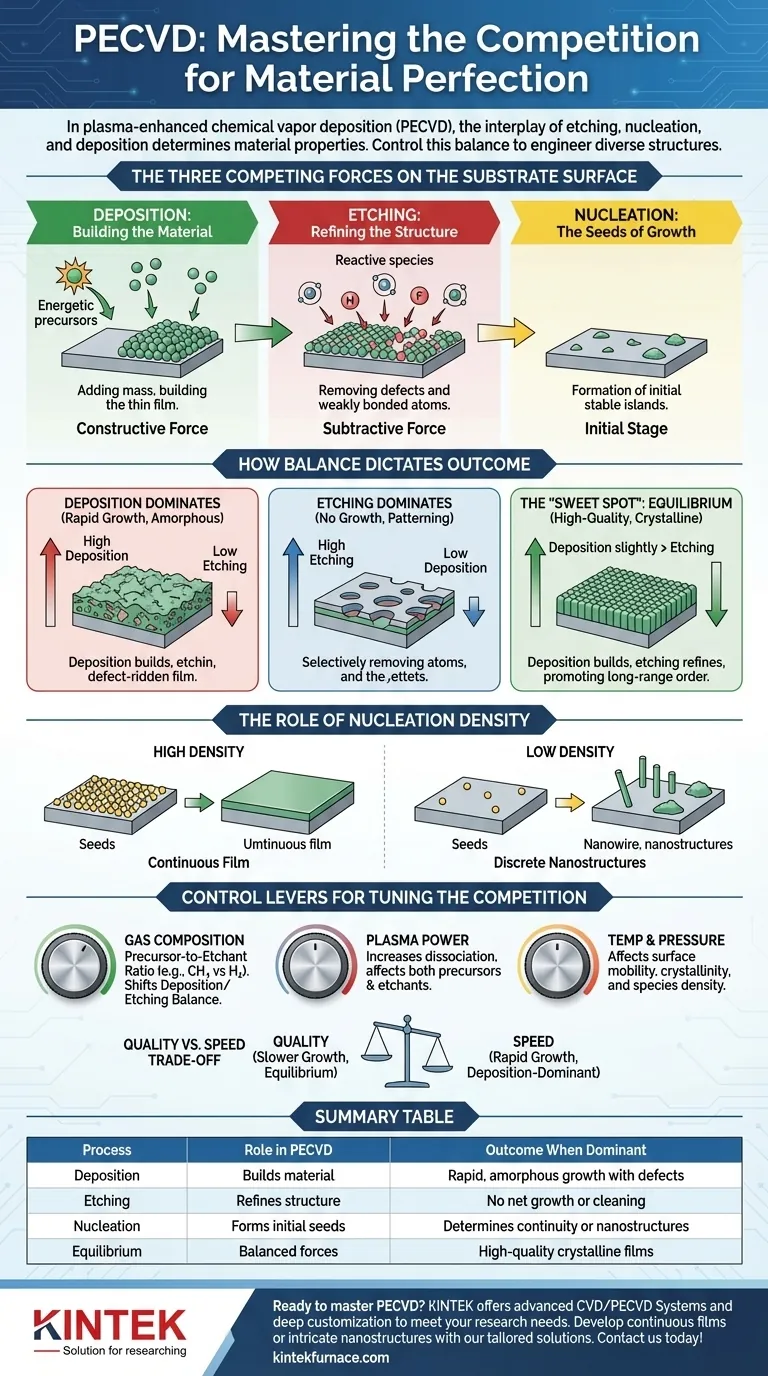 Wie beeinflusst der Wettbewerb zwischen Ätzen, Keimbildung und Abscheidung bei PECVD die Materialpräparation? Beherrschen Sie die präzise Kontrolle für maßgeschneiderte Materialien Visuelle Anleitung