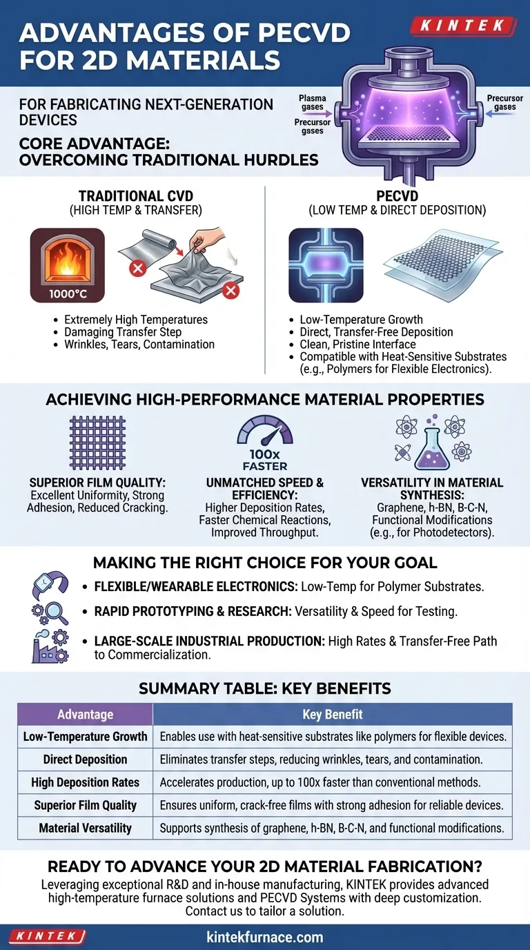 What are the advantages of PECVD for preparing 2D materials? Unlock Scalable, Low-Temp Fabrication Visual Guide