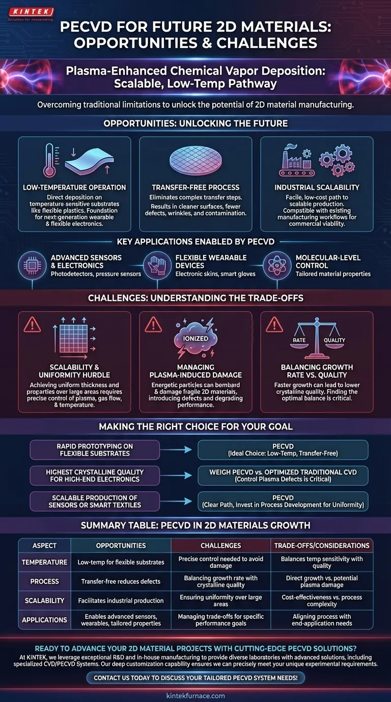 ما هي الفرص والتحديات التي يمثلها الترسيب الكيميائي للبخار المعزز بالبلازما (PECVD) للتطبيقات المستقبلية للمواد ثنائية الأبعاد؟ إطلاق العنان للنمو القابل للتطوير للإلكترونيات المرنة دليل مرئي