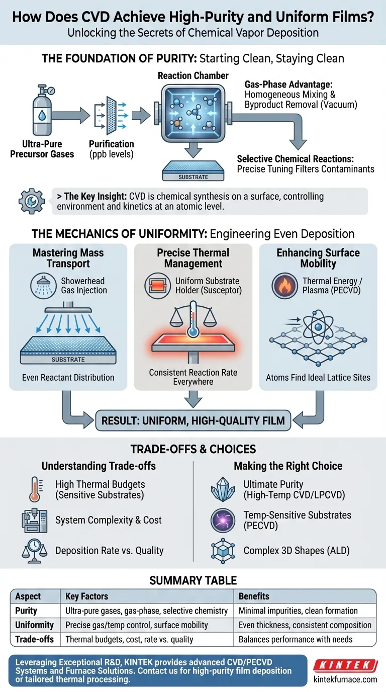 Wie erreicht die CVD eine hochreine und gleichmäßige Abscheidung von Schichten? Meistern Sie die präzise Filmdeposition für überlegene Ergebnisse Visuelle Anleitung