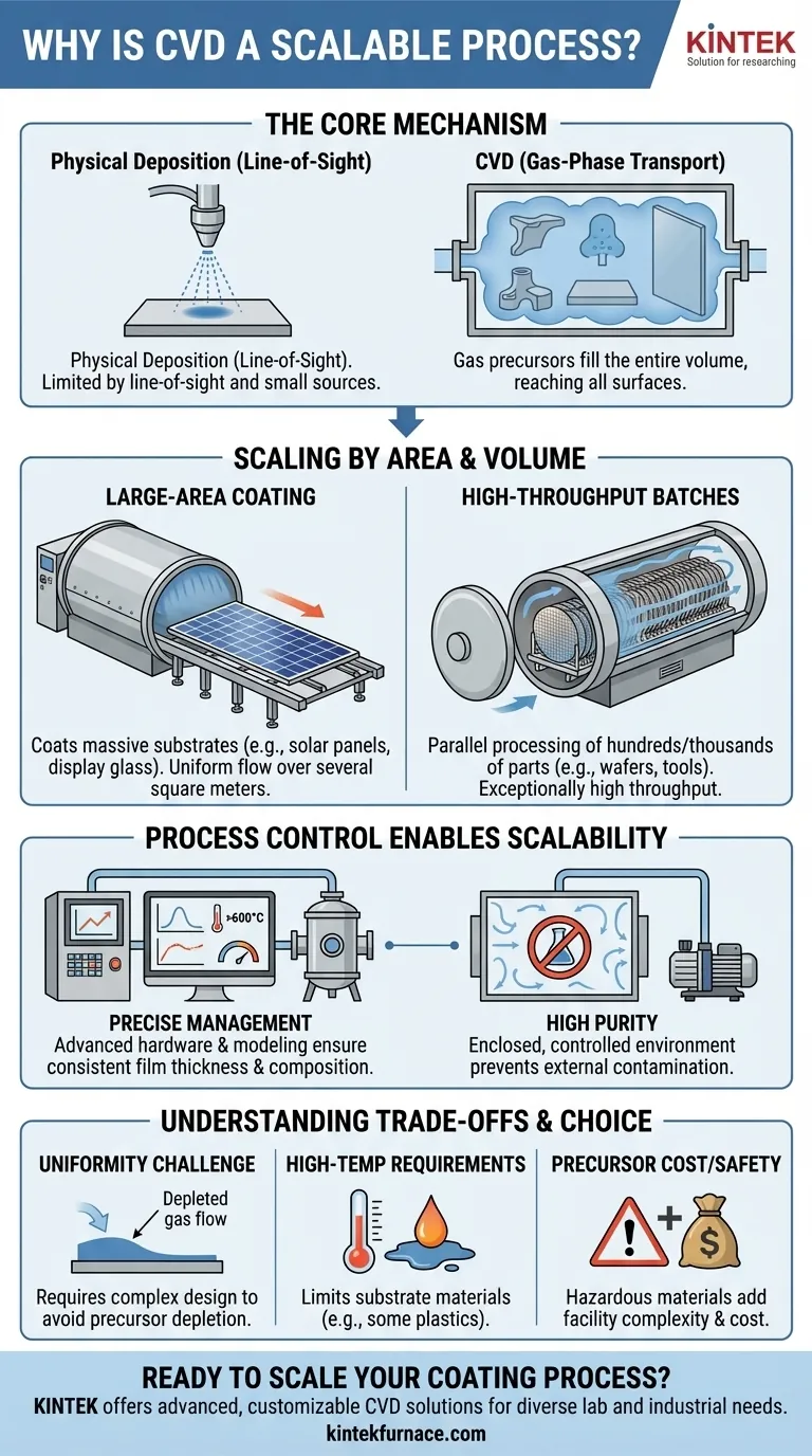 لماذا تعتبر تقنية الترسيب الكيميائي للبخار (CVD) عملية قابلة للتطوير؟ افتح آفاقًا للطلاءات الموحدة وعالية الحجم لصناعتك دليل مرئي