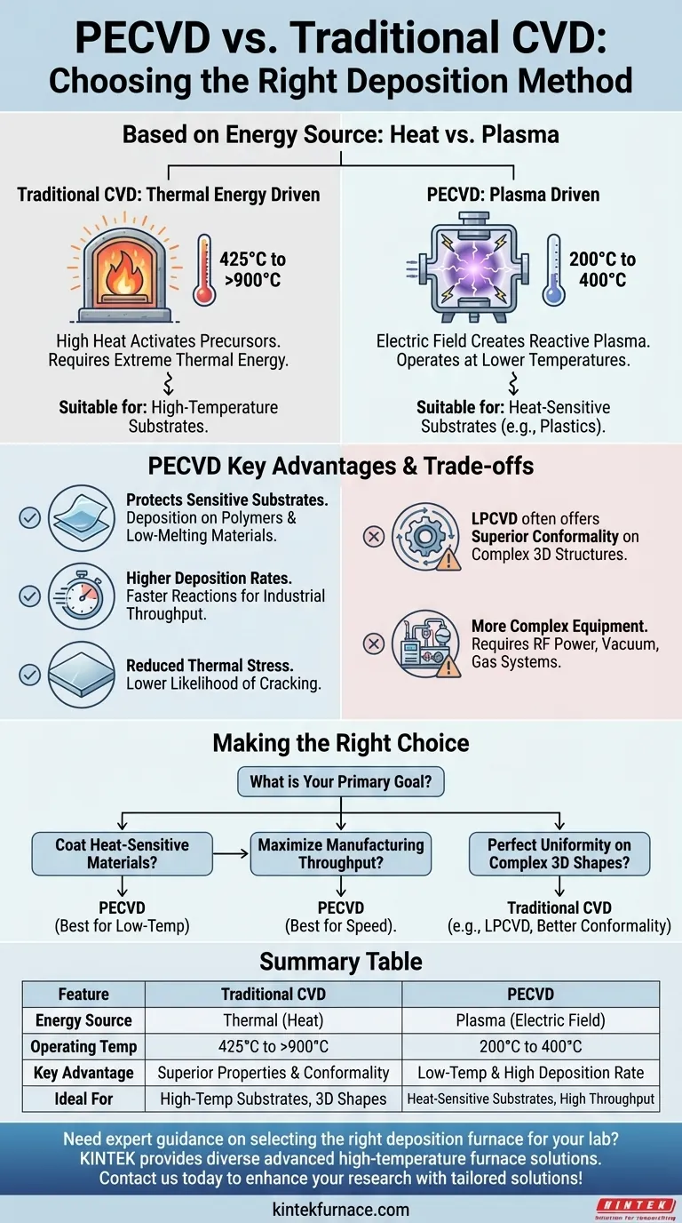 Comment le PECVD se compare-t-il au CVD traditionnel ? Découvrez le dépôt à basse température pour les substrats sensibles Guide Visuel