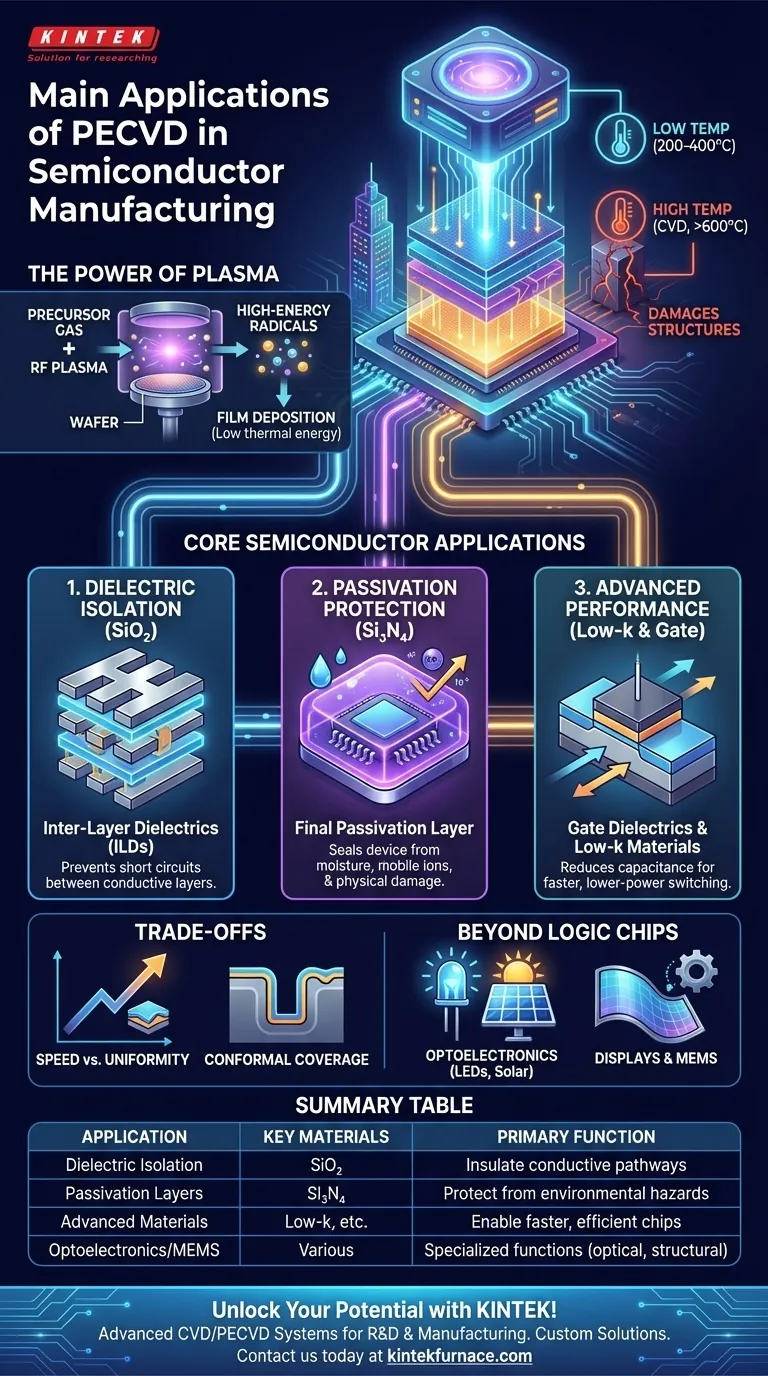 반도체 제조에서 PECVD의 주요 응용 분야는 무엇인가요? 저온 유전체 박막에 필수적입니다 시각적 가이드