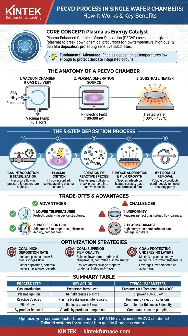 How does the PECVD process work in single wafer chambers? Unlock Low-Temperature Thin Film Deposition Visual Guide