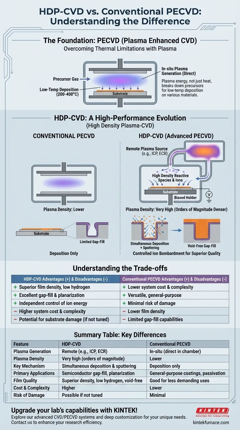Qu'est-ce que la Déposition Chimique en Phase Vapeur assistée par Plasma à Haute Densité (HDP-CVD) et en quoi diffère-t-elle des autres méthodes PECVD ? Découvrez une déposition de film supérieure pour les semi-conducteurs. Guide Visuel