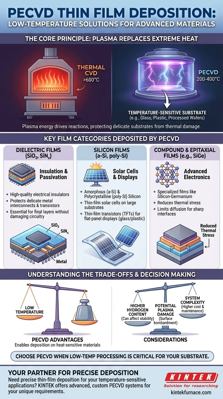 Quels types de films minces sont couramment associés aux procédés PECVD ? Découvrez les solutions de dépôt à basse température Guide Visuel