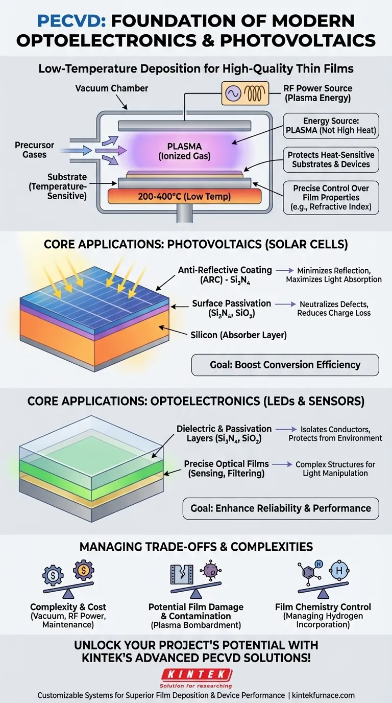 Comment le PECVD est-il utilisé en optoélectronique et en photovoltaïque ? Améliorer l'efficacité des dispositifs avec des films à basse température Guide Visuel