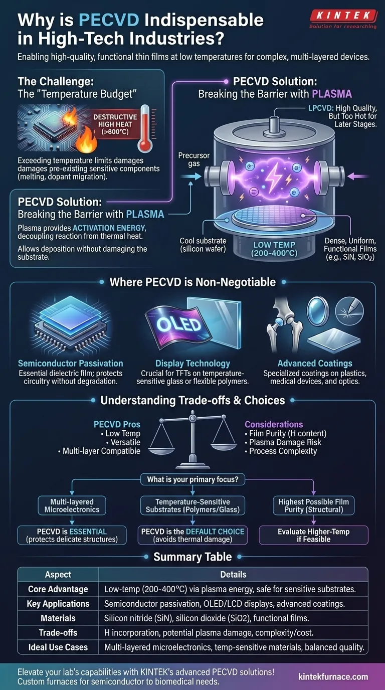 고기술 산업에서 PECVD가 필수적인 이유는 무엇입니까? 저온 박막 증착의 비밀을 풀어보세요 시각적 가이드