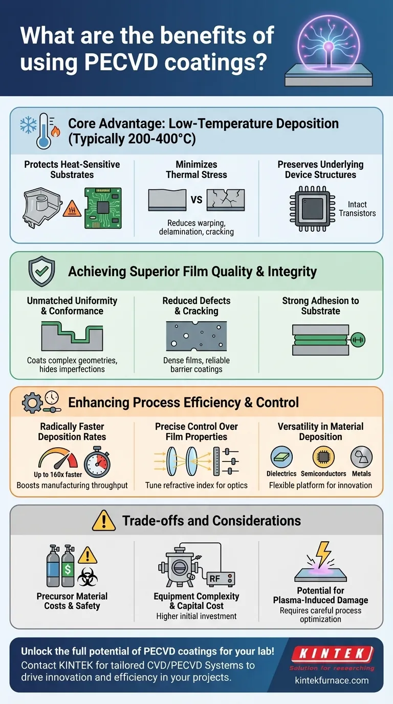 Каковы преимущества использования покрытий PECVD? Повысьте производительность с помощью низкотемпературной точности Визуальное руководство