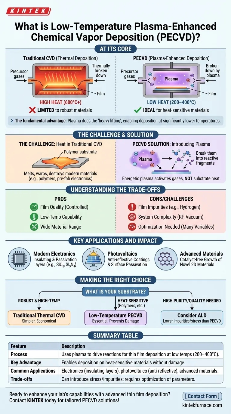 저온 플라즈마 강화 화학 기상 증착(PECVD)이란 무엇인가요? 민감한 재료에 박막 증착을 구현하세요 시각적 가이드