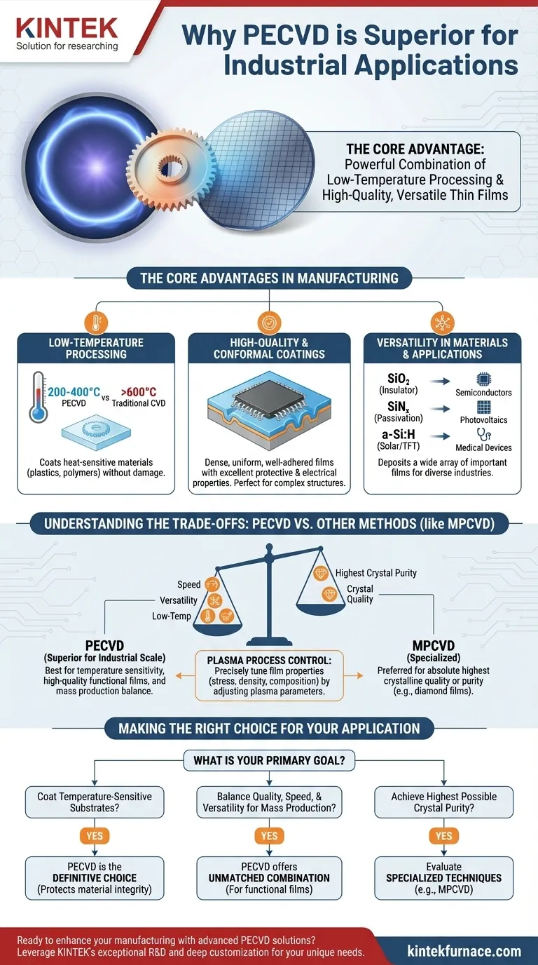 PECVD가 산업 응용 분야에서 우수한 선택인 이유는 무엇일까요? 저온 고품질 코팅의 잠재력을 해제하세요 시각적 가이드