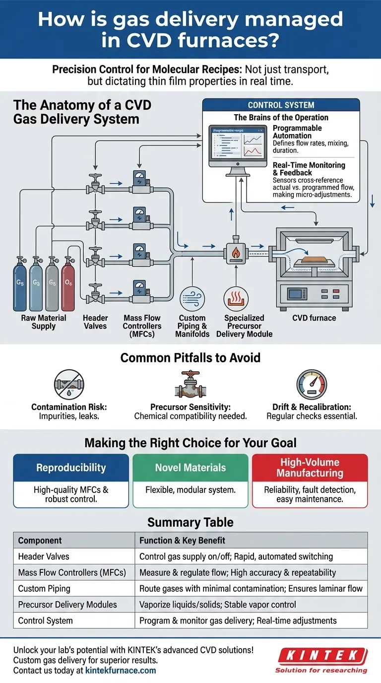 Come viene gestita l'erogazione dei gas nei forni CVD? Padroneggiare il controllo preciso per film sottili superiori Guida Visiva