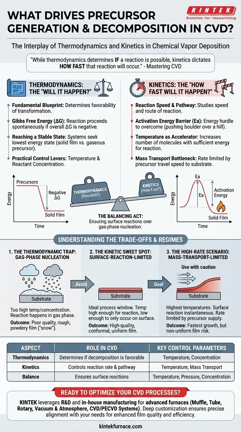 ما الذي يحرك توليد وتفكك الجزيئات الطليعية في الترسيب الكيميائي للبخار (CVD)؟ أتقن الديناميكا الحرارية والحركية لنمو أغشية فائقة الجودة دليل مرئي
