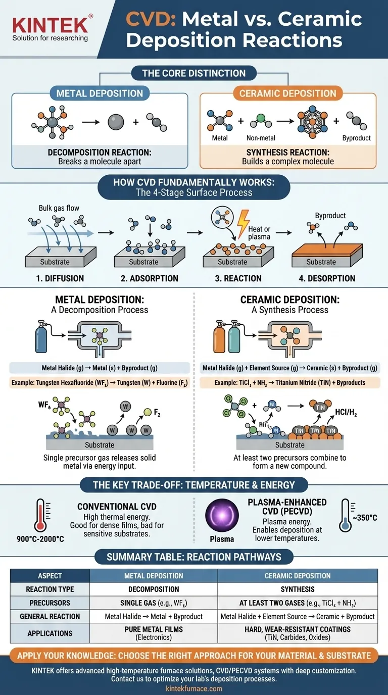 ما هي التفاعلات العامة لترسيب المعادن والسيراميك في الترسيب الكيميائي للبخار (CVD)؟ مفاتيح العمليات الرئيسية للحصول على أغشية رقيقة فائقة الجودة دليل مرئي