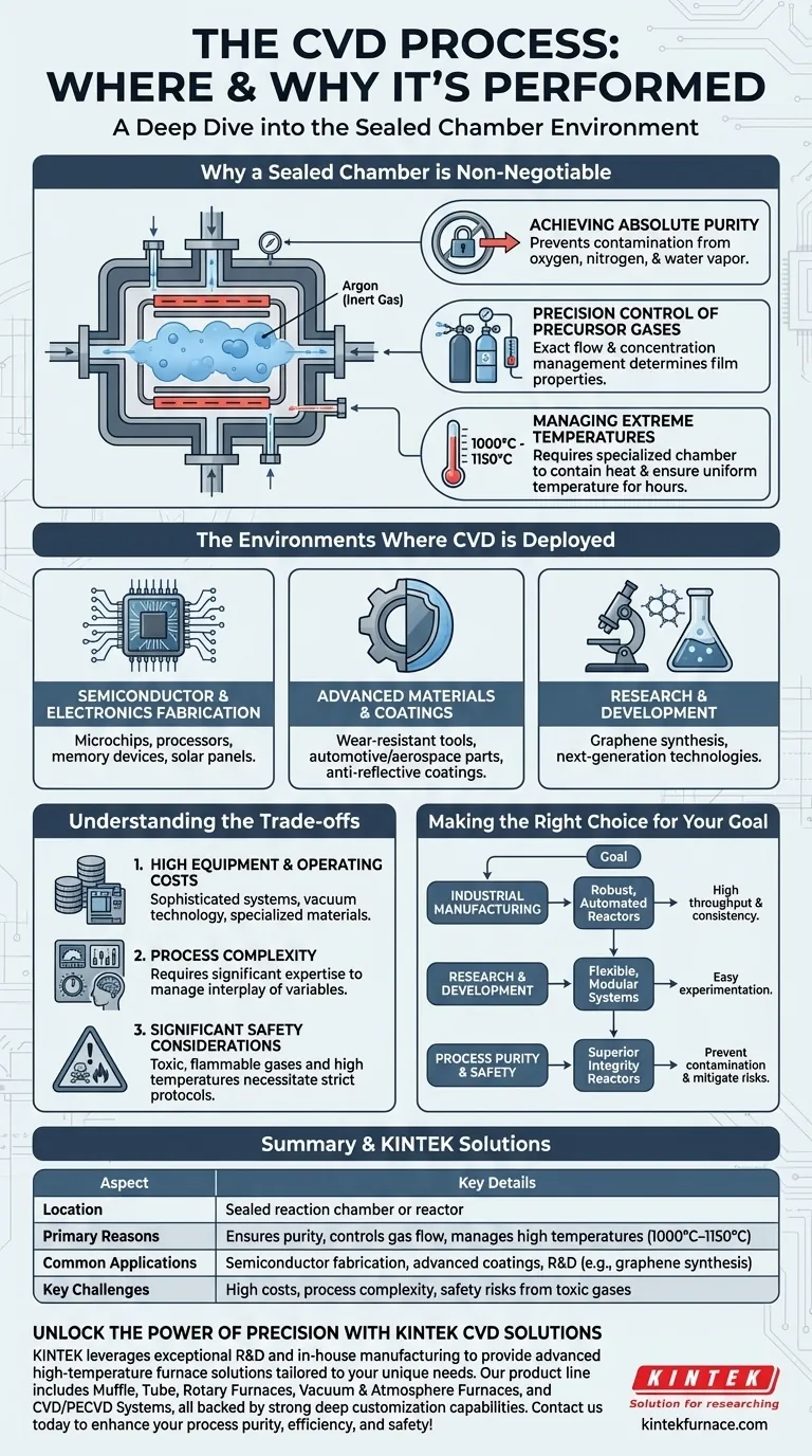 أين تتم عملية الترسيب الكيميائي للبخار (CVD) عادة ولماذا؟ اكتشف الدور الرئيسي للغرف الخاضعة للرقابة دليل مرئي