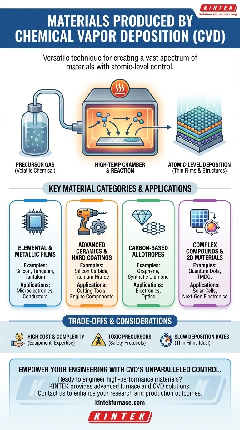 Quels types de matériaux peuvent être produits par dépôt chimique en phase vapeur (CVD) ? Découvrez des couches minces polyvalentes et des matériaux avancés Guide Visuel