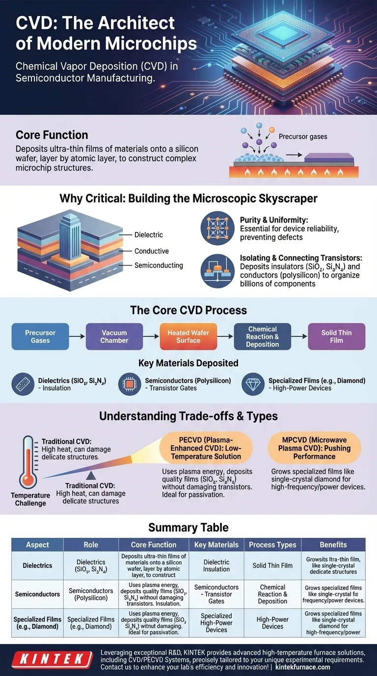ما هو الدور الذي يلعبه الترسيب الكيميائي للبخار (CVD) في تصنيع أشباه الموصلات؟ تمكين الترسيب الدقيق للأغشية الرقيقة للرقائق الدقيقة دليل مرئي