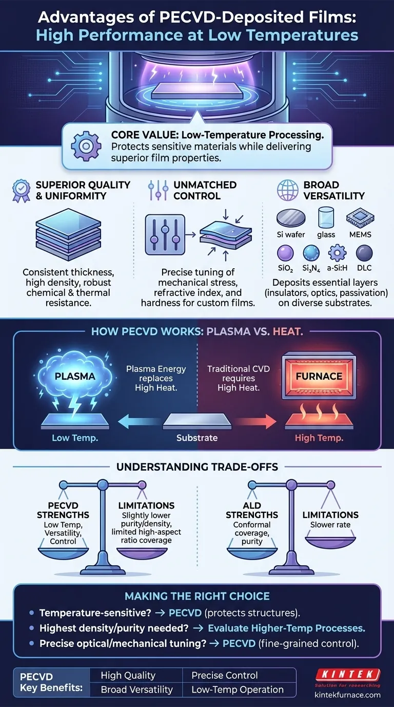 Was sind die Vorteile von PECVD-abgeschiedenen Schichten? Erzielen Sie eine überlegene Schichtqualität bei niedrigen Temperaturen Visuelle Anleitung