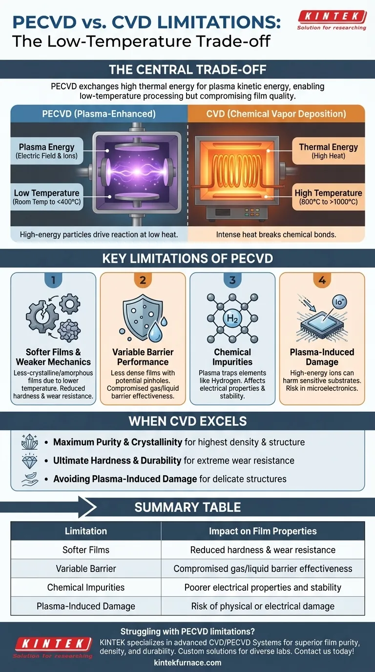 Quelles sont les limitations du PECVD par rapport au CVD ? Compromis clés en matière de qualité et de performance des films Guide Visuel