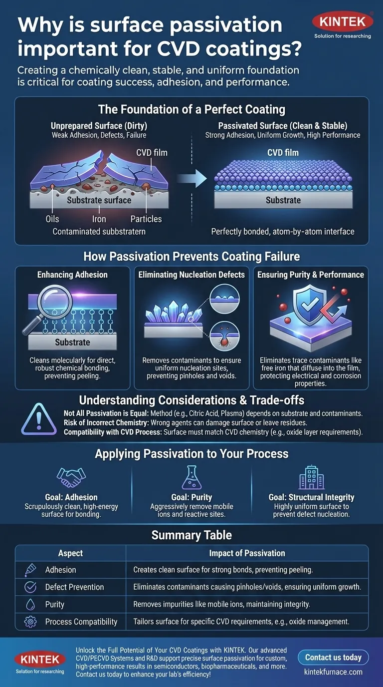 Warum ist die Passivierung der Oberfläche für CVD-Beschichtungen wichtig? Gewährleistung eines starken, fehlerfreien Schichtwachstums Visuelle Anleitung