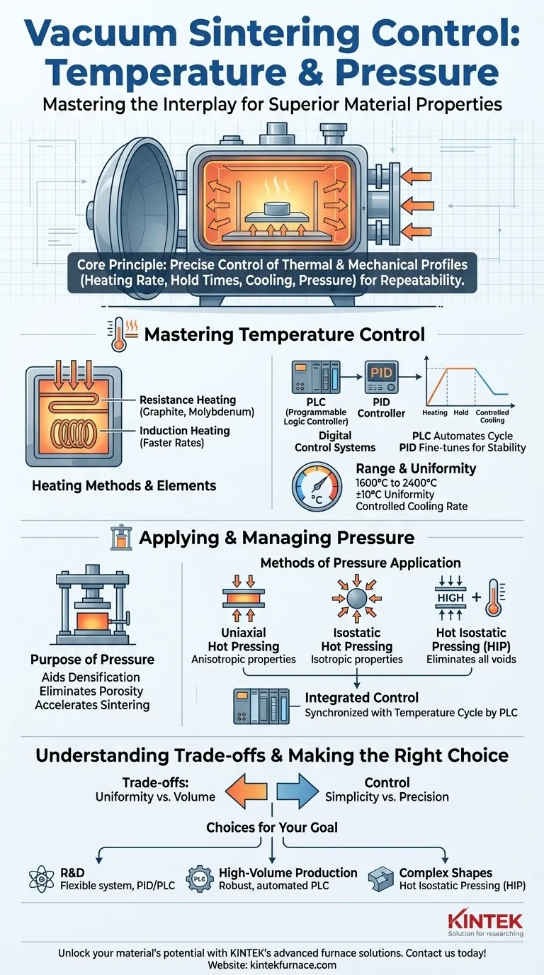 How are temperature and pressure controlled in vacuum sintering? Achieve Precise Material Densification and Performance Visual Guide