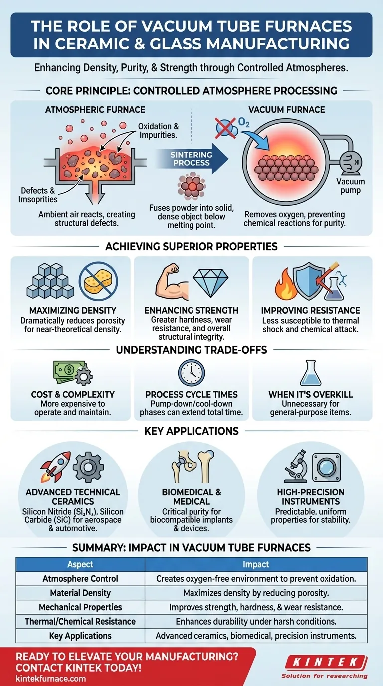 Che ruolo svolgono i forni a tubo a vuoto nella produzione di ceramica e vetro? Sblocca materiali ad alta purezza e densità Guida Visiva