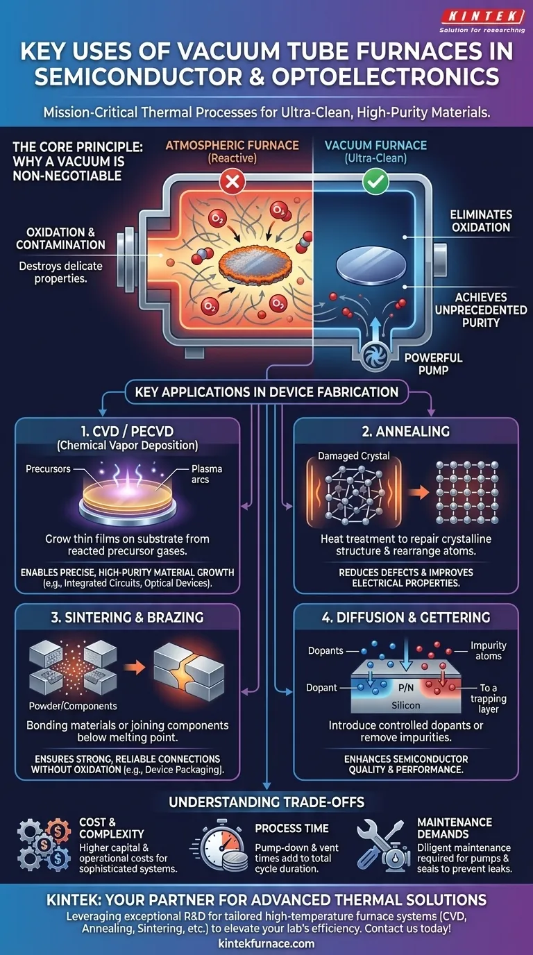 Quais são os principais usos dos fornos de tubo a vácuo nas indústrias de semicondutores e optoeletrônica? Essencial para Processos Térmicos de Alta Pureza Guia Visual