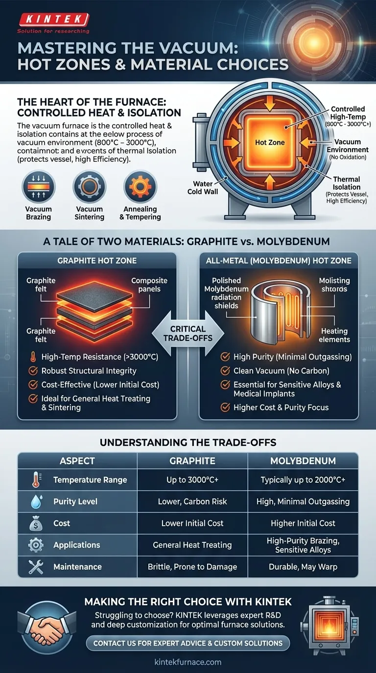 Was ist der Zweck der Heizzone in einem Vakuumofen und welche Materialien werden üblicherweise für die Wärmeabschirmung verwendet? Optimieren Sie Ihre Hochtemperaturprozesse Visuelle Anleitung