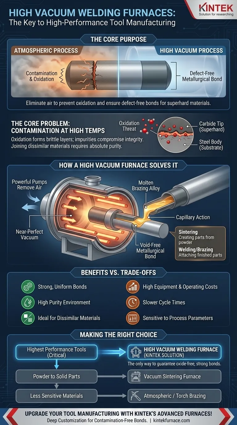 Qual é o propósito de um forno de soldagem a alto vácuo na fabricação de metal duro e ferramentas? Garantir uniões fortes e livres de contaminação Guia Visual