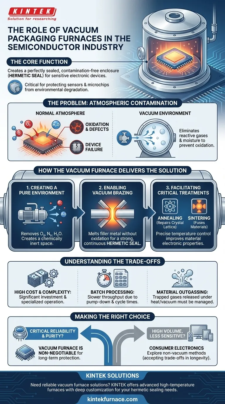 Qual é o papel de um forno de embalagem a vácuo na indústria de semicondutores? Garantir Vedação Hermética para Dispositivos Confiáveis Guia Visual