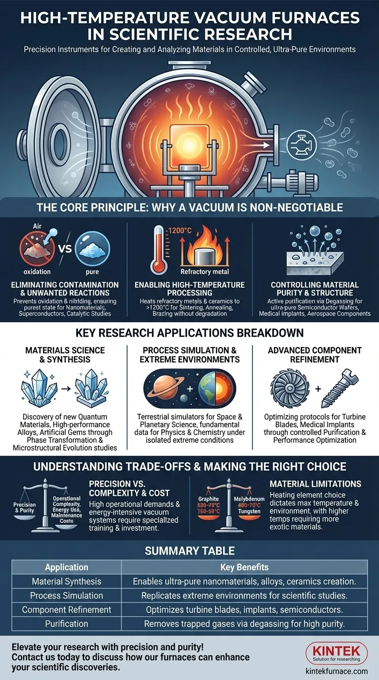 Como os fornos a vácuo de alta temperatura são utilizados na pesquisa científica? Desbloqueie a Síntese de Materiais Pura e Controlada Guia Visual