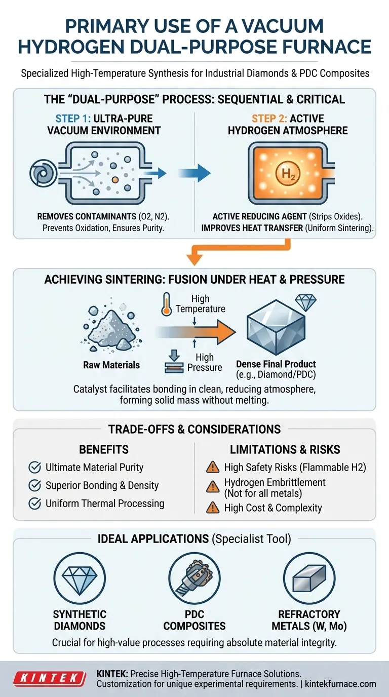 Qual è l'uso principale di un forno a doppio scopo sottovuoto/idrogeno? Essenziale per la sintesi di diamanti e la sinterizzazione ad alte prestazioni Guida Visiva