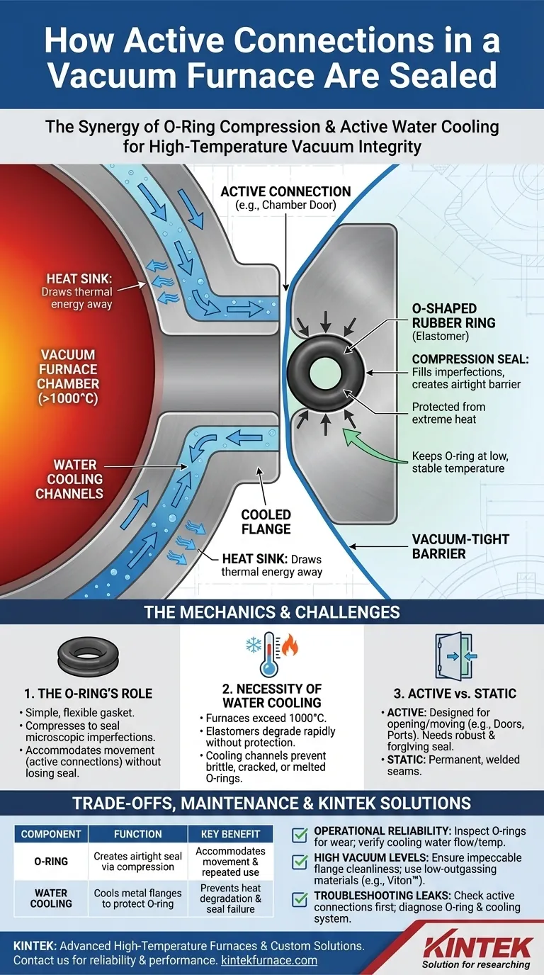 How are active connection parts in a vacuum furnace sealed? Discover the Role of O-Rings and Water Cooling Visual Guide