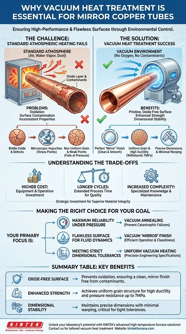 Why is vacuum heat treatment essential for mirror copper tubes? Ensure Strength and Purity for High-Performance Applications Visual Guide