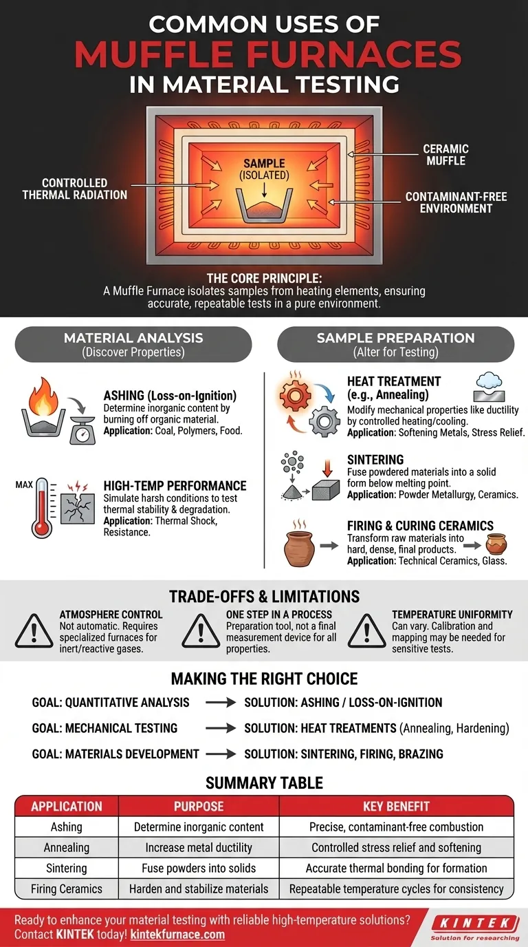 Quais são alguns usos comuns de fornos mufla em testes de materiais? Desbloqueie o Tratamento Térmico Preciso para Resultados Exatos Guia Visual