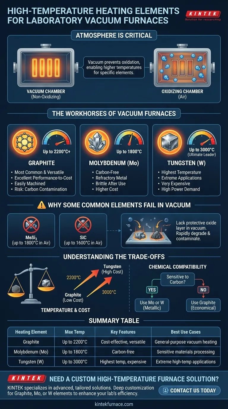 What are some high-temperature heating elements used in laboratory vacuum furnaces and what temperatures can they achieve? Discover the Best Options for Your Lab Visual Guide